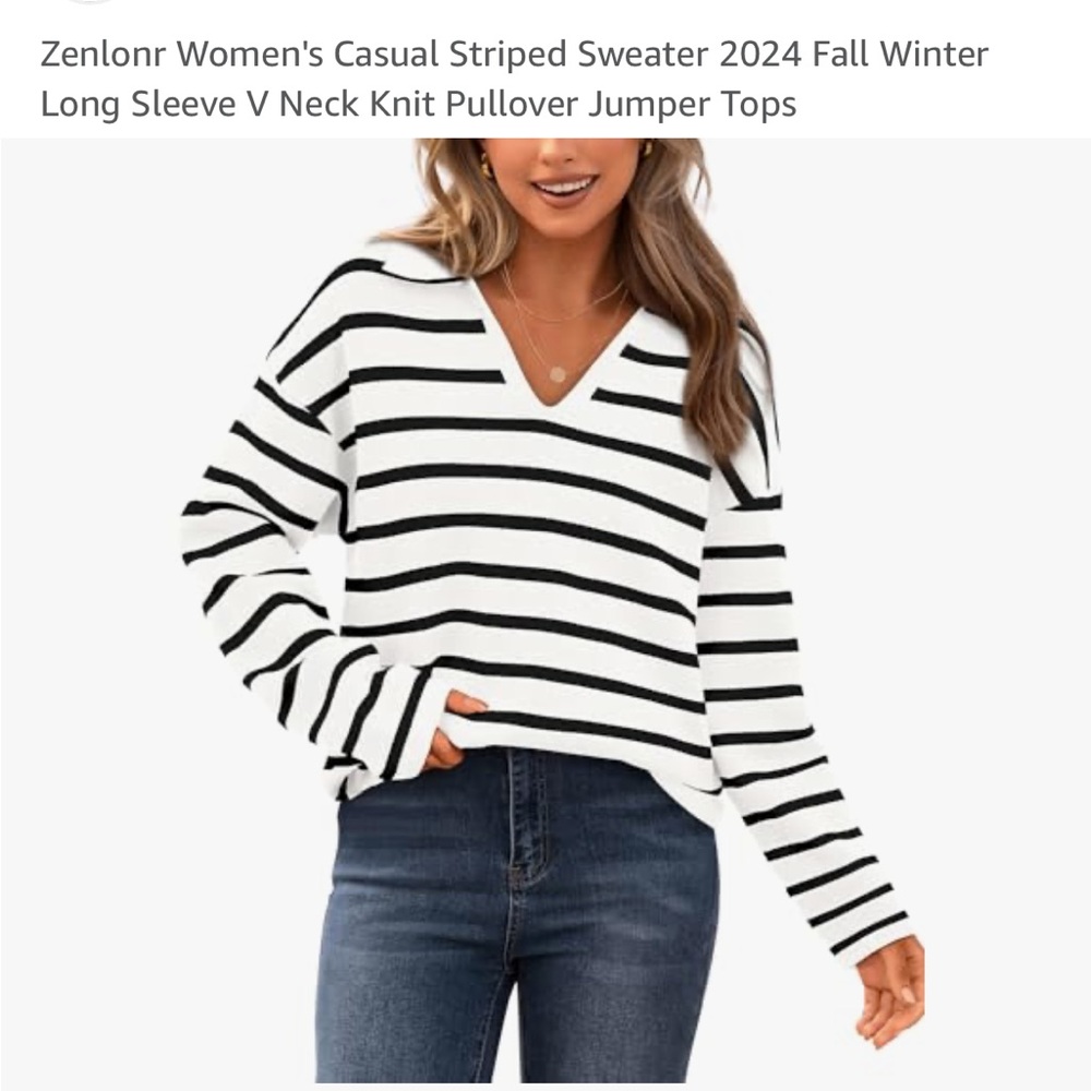Women's Striped V Neck Sweater - Black and White